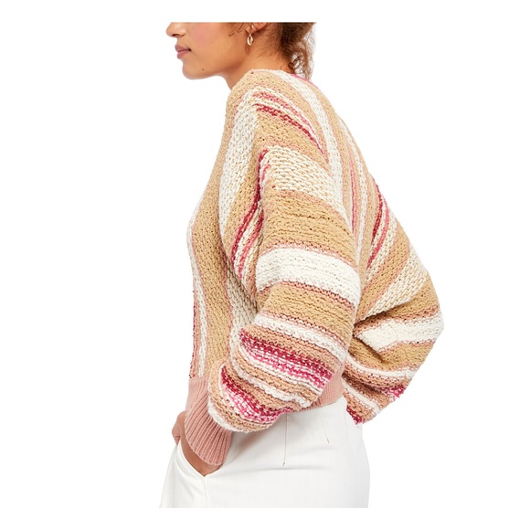 Free People Women's Short Length Pinstripe Long Sleeve T-Shirt Sweater White Siz - Picture 3 of 3